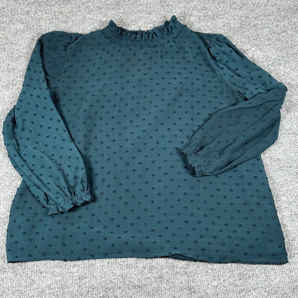 LUQ Small Swiss Dot Mock Neck‎ Keyhole Back Long Blouson Sleeve Smocked Blouse